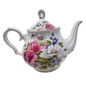 Grace Teaware Floral Teapot with Lid | White Porcelain | Gold Trim
